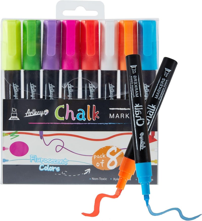 Artkey Neon Chalk Markers Set - 8 Pack with Reversible Tips (Chisel & Bullet) for Glass, Windows & Non-Porous Surfaces - Vibrant Fluorescent Colors for Art & Craft Projects - Image 1